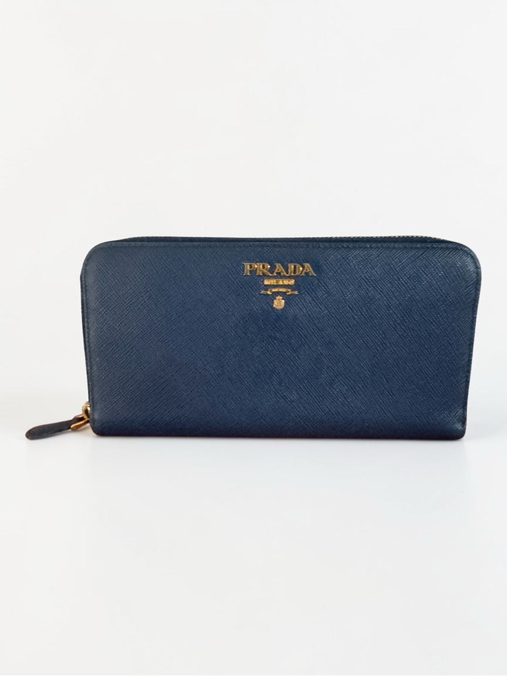 Excellent Blue Prada Zip-Around Wallet with Gold Accents - Picture 2 of 11